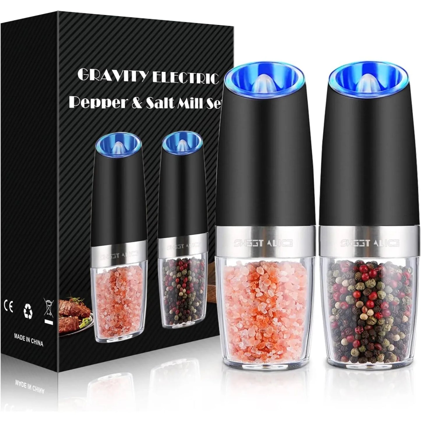 Electric Pepper and Salt Grinder Set Battery Operated with LED Lights One Hand Automatic Operation Stainless Steel Black