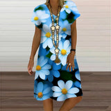 6XL Summer Plus Size Dresses Women Plant Flower Print Loose Dress Casual V-Neck Short Sleeve Knee-Length Dress Vestidos Sundress