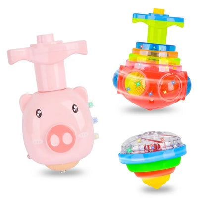 UFO Flashing Spinning Top Kids Gyro Light Up Toy Kids Piggy LED Music Gyroscope Launcher Rotating Toys Fun Birthday Party Favors