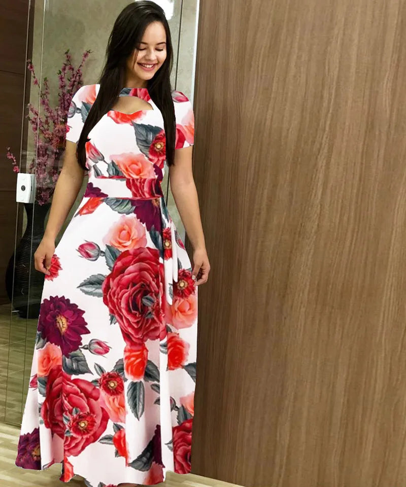 Elegant Spring Women's Casual Fashion Floral Print Short Sleeve Super Long Dress 2023 New Fashion Hollow Out Long Dresses