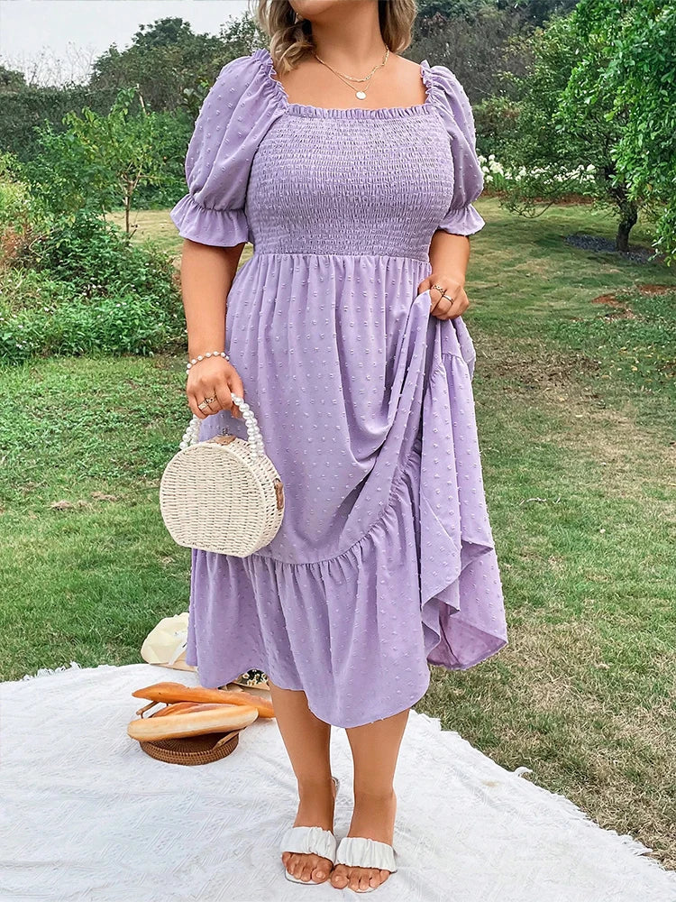 Plus Size Women's Pure Color Wrap Ruffle Hem Midi Dress Square Neck Backless Short Sleeve Dress Elegant temperament