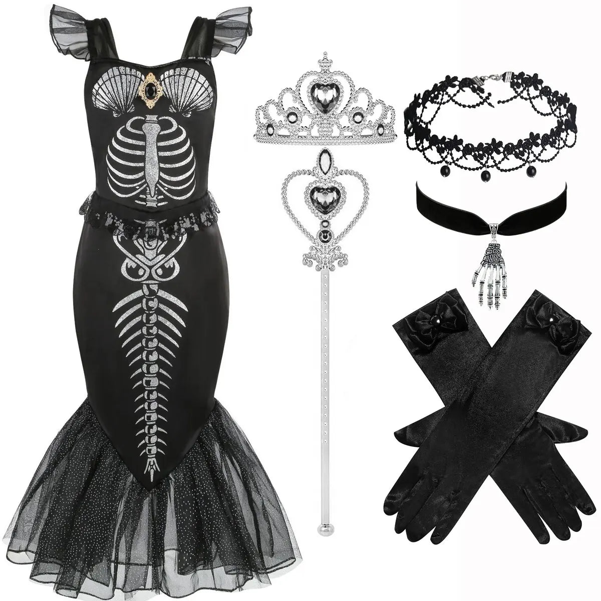 Halloween New Horror Skeleton Little Mermaid Costume Ariel Princess Black Skeleton Fishtail Dress Holiday Special Dress