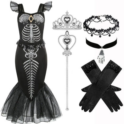 Halloween New Horror Skeleton Little Mermaid Costume Ariel Princess Black Skeleton Fishtail Dress Holiday Special Dress