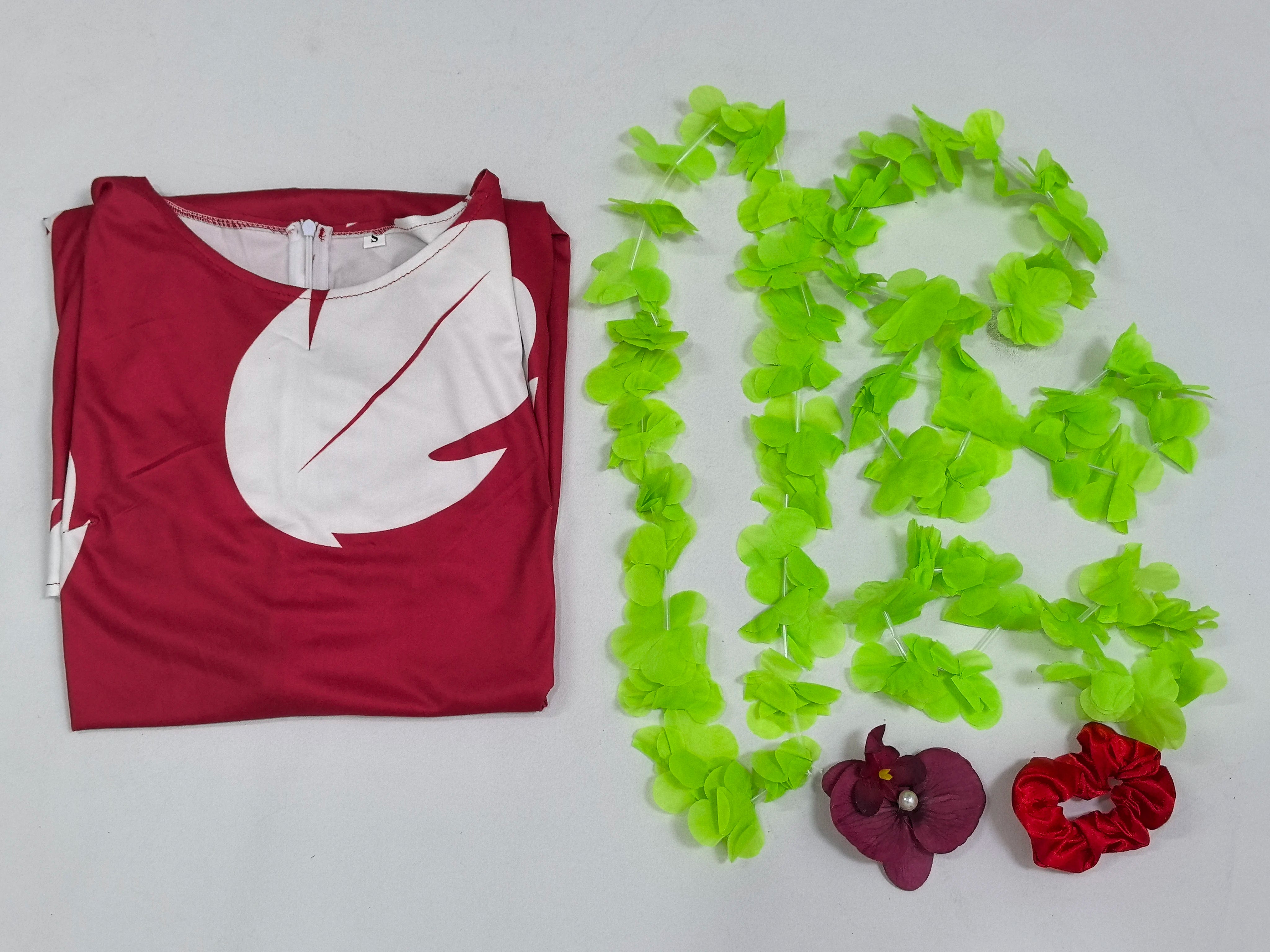 Lilo Cosplay Costume Pelekai Red Lilo Dress with Hawaiian Leaf Flower Leis Accessories Flower Hair Clip Halloween Party Cosplay