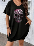 Vestido informal de manga corta con cuello en V y estampado de calavera para mujer, talla grande, con bolsillos, para primavera y verano 