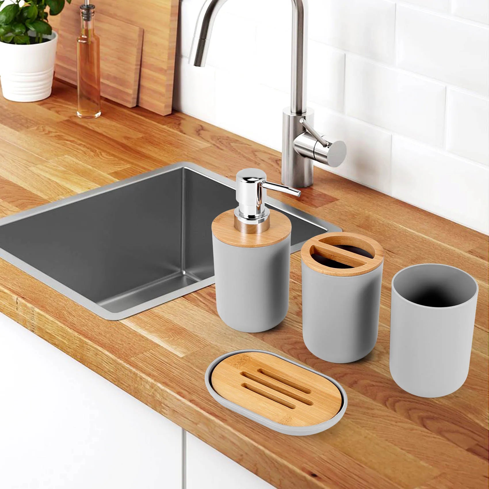 Bathroom Accessories Set Soap Dispenser Bottle Dish Washroom Toothbrush Holder Cup Suit Gray