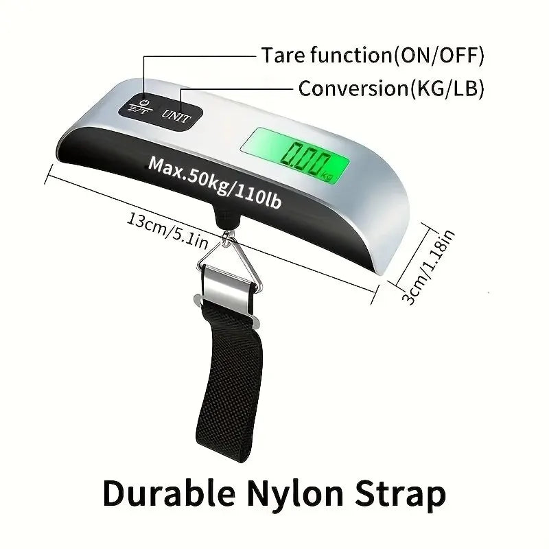 Báscula portátil digital con pantalla LCD, 110 lb/50 kg, electrónica, para colgar maletas, pesas de viaje, para equipaje