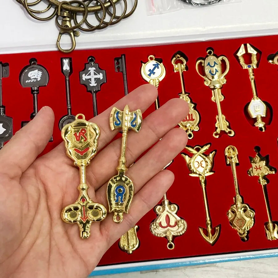 Anime Pendants Jewelry Necklace Keyrings Elsa Lucy Keys Set Zodiac Star Spirit Magician Summons Cosplay Key Ring Gift