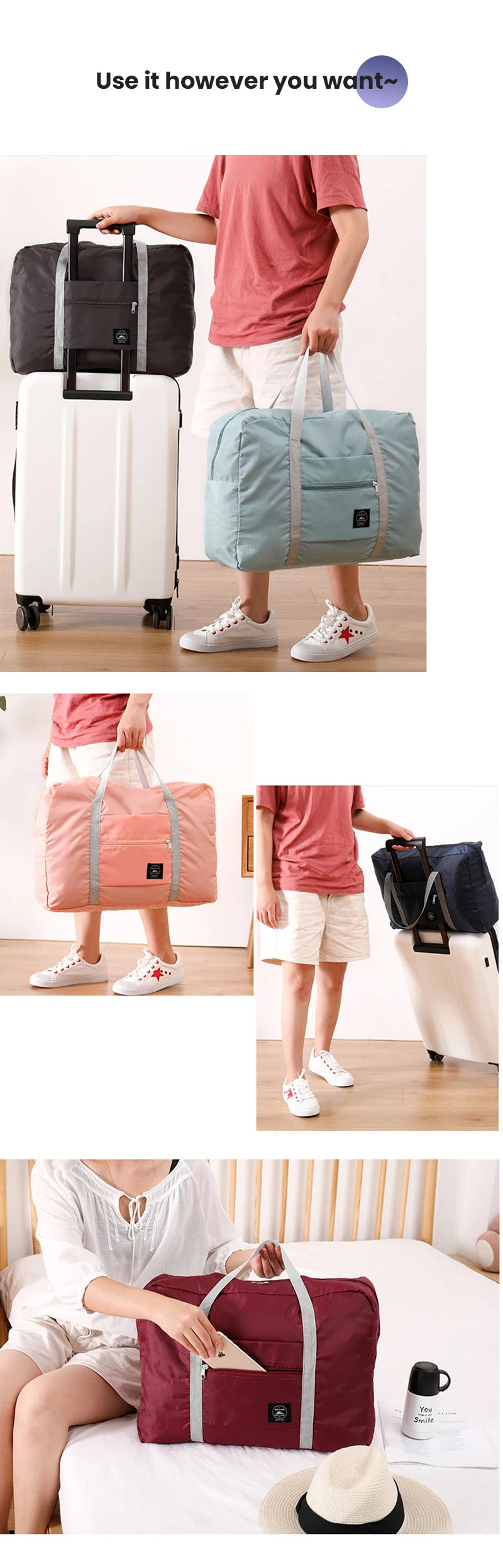 Foldable Travel Duffel Bag for Airlines Carry on Bag for Women and Girls Lightweight Large Capacity Sports Weekend Trip Overnigh