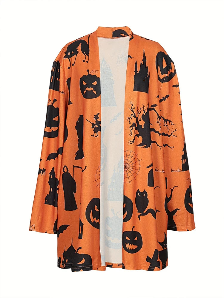 Plus Size Women's Halloween Costumes Women's Pullover Autumn Pumpkin Graphic Cardigan Open Front Button Sweater Outerwear