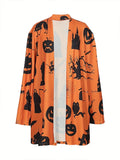 Plus Size Women's Halloween Costumes Women's Pullover Autumn Pumpkin Graphic Cardigan Open Front Button Sweater Outerwear