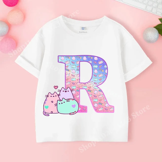 Pusheens-manga curta t-shirt para as meninas de a a z, anime gato, roupas de verão, esporte ao ar livre, novo, presente para as crianças, venda especial