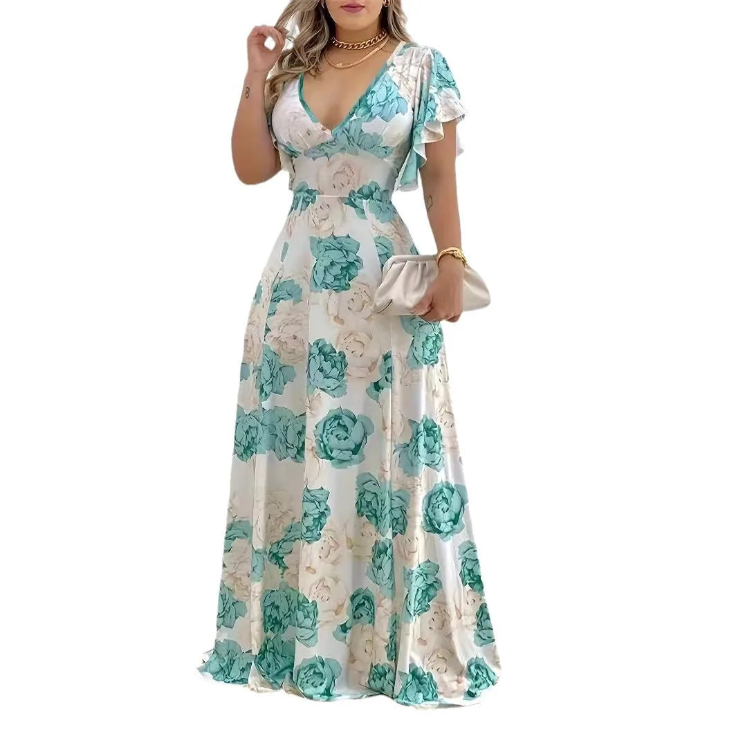 XL-5XL feminino plus size venda quente com decote em v elegante e casual impresso vestido longo com bainha grande para roupas femininas