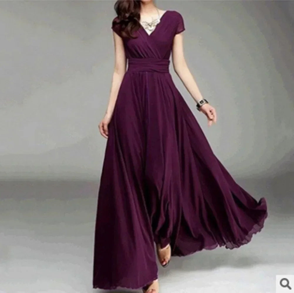 2026 Women's V Neck Short Sleeve Evening Party Dress Temperament Solid Colour Long Cocktail Chiffon High Waist Summer Dresses