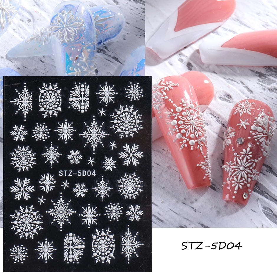 5D Red Christmas Nail Stickers Glitter Embossed Snowflake Gloves Feather Bulb Bells Winter Xmas DIY Engraved Manicure Decoration