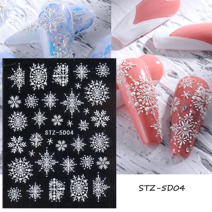 5D Red Christmas Nail Stickers Glitter Embossed Snowflake Gloves Feather Bulb Bells Winter Xmas DIY Engraved Manicure Decoration
