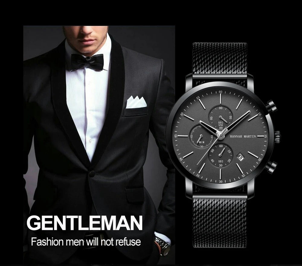 HANNAH MARTIN Brand Men Watch Black Stainless Steel Waterproof Fashion Sports Multifunctional Quartz Wristatch Relogio Masculino
