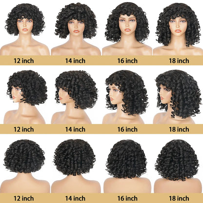 Short Curly Bob Wig Human Hair With Bangs Ready to Go Glueless Bouncy Curly Human Hair Wigs Machine Made Afro Wigs for Women