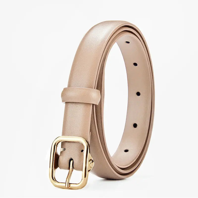 2.3cm Classic Women Leather Belt with Golden Square Buckle Thin Casual Dress Waist Band for Students Ladies Fashion Accessory