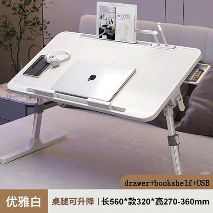 Lift Foldable Laptop Table for Bed Stand Lap Lazy Learning Desk Student Computer Desk for Working Read with Radiator Drawer