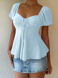 2026 Women Y2k Summer Tops V-Neck Drawstring Sexy Lace Up Short Sleeve Solid Color Shirts Female Elegant Casual Fashion Blouses