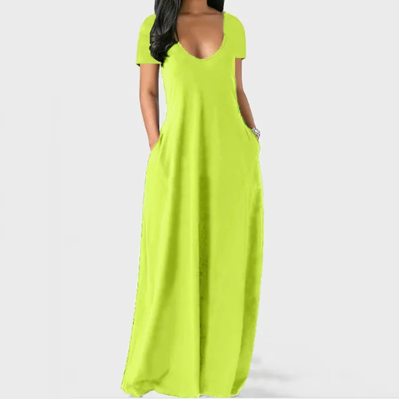 AliExpress Europa e nos Estados Unidos verão transfronteiriço novo plus size vestido de cor sólida sexy profundo V manga curta saia longa