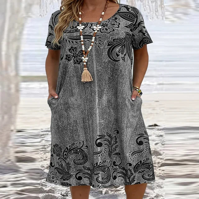 Vestido Midi de Bolso Vintage Estampado Feminino, Vestidos Soltos com Gola O, Casual Vestido de Festa, Plus Size XL-6XL, Verão, 2022