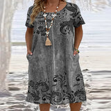 Vestido Midi de Bolso Vintage Estampado Feminino, Vestidos Soltos com Gola O, Casual Vestido de Festa, Plus Size XL-6XL, Verão, 2022