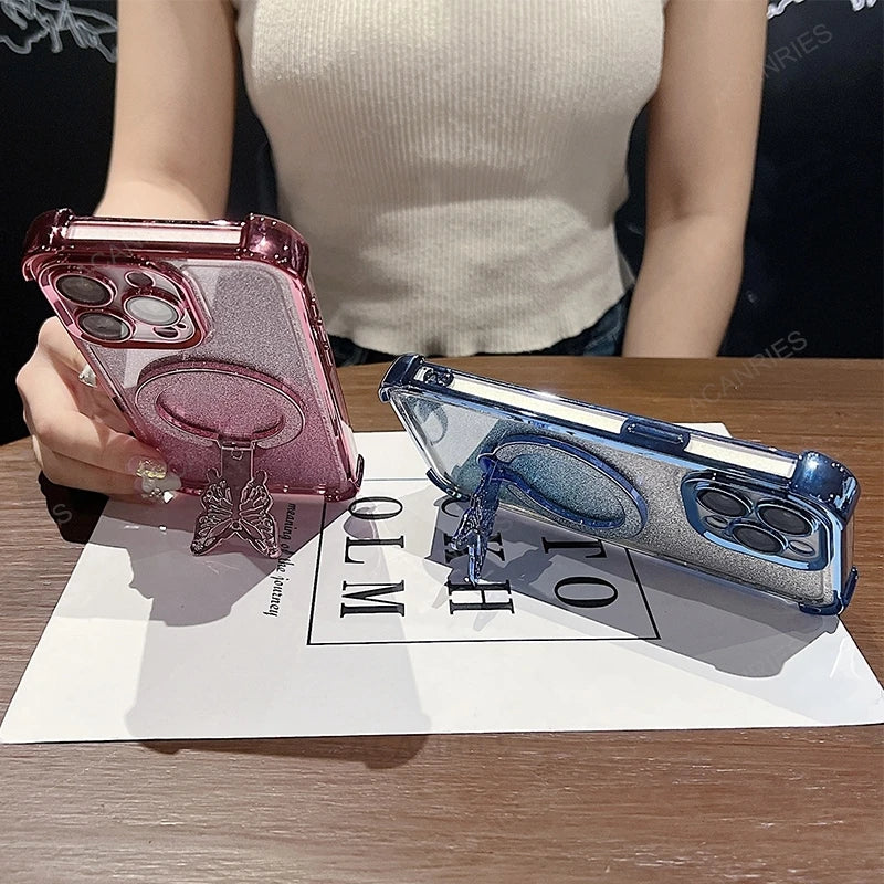 Xiaomi14t Shockproof Plating Butterfly Holder Case On For Xiaomi Mi 14t Pro Mi14t 14 T Mi14tpro Silicone Stand Cover 13t Mi13t