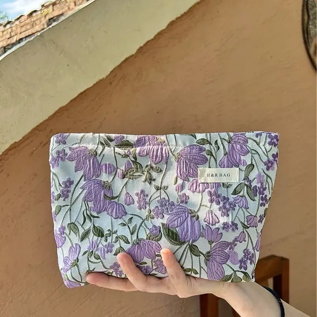 Colorful fabric makeup bag for students, a girl holding a Taro flower, toiletries, storage bags 