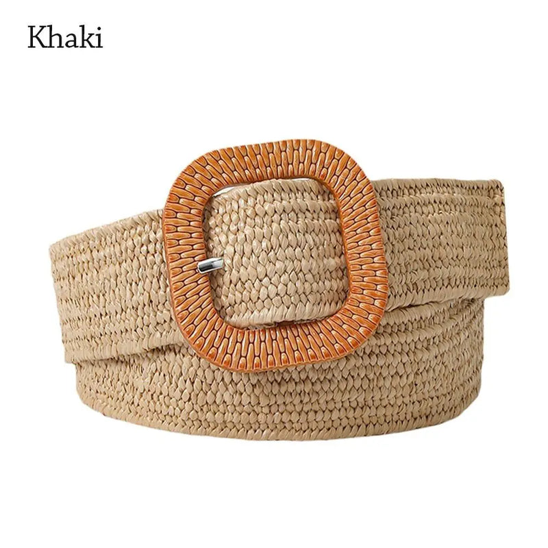Bohemian Braided Belts for Women Summer Patchwork Straw Woven Belt Wide Waistband Fashion Female Square Buckle Waist Belt