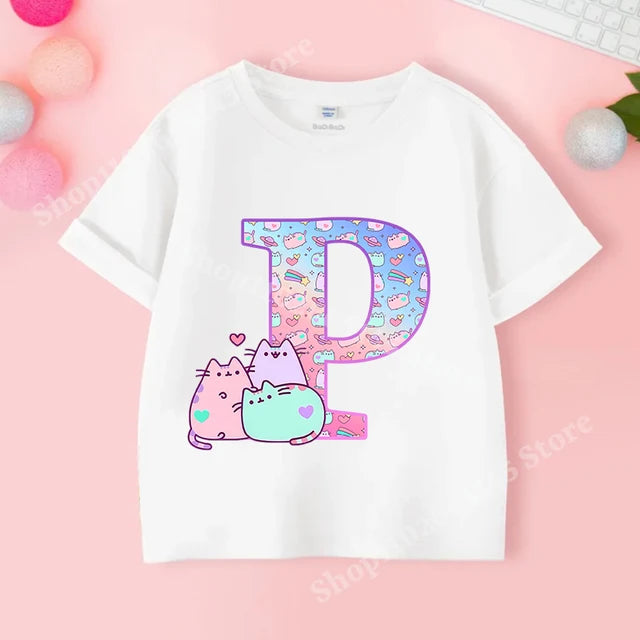 Pusheens-manga curta t-shirt para as meninas de a a z, anime gato, roupas de verão, esporte ao ar livre, novo, presente para as crianças, venda especial