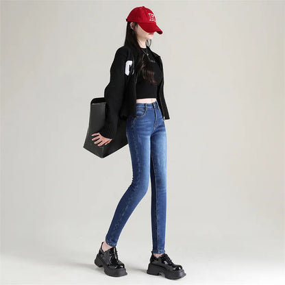 Women Thermal Jeans Winter Snow Warm Plush Stretch Jeans Lady Skinny Thicken Fleece Denim Long Pants Retro Blue Pencil Trousers