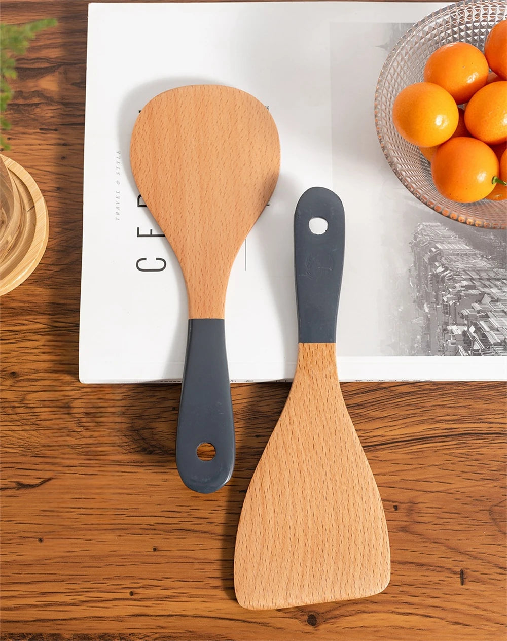 Espátula de madera con mango largo para cocinar, antiadherente, para saltear, resistente al calor, para el hogar, accesorio de cocina