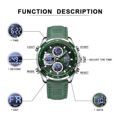 NAVIFORCE 2021 - Reloj deportivo para hombre, resistente al agua, con pantalla dual, luminoso, de cuarzo y cuero genuino, masculino