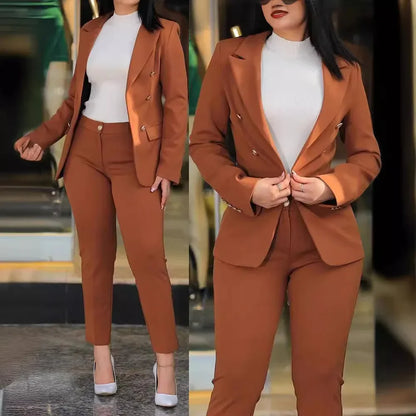 2pcs Women Office Clothing Set Long Sleeve Blazer Jacket & High Waist Pencil Pants Solid Color