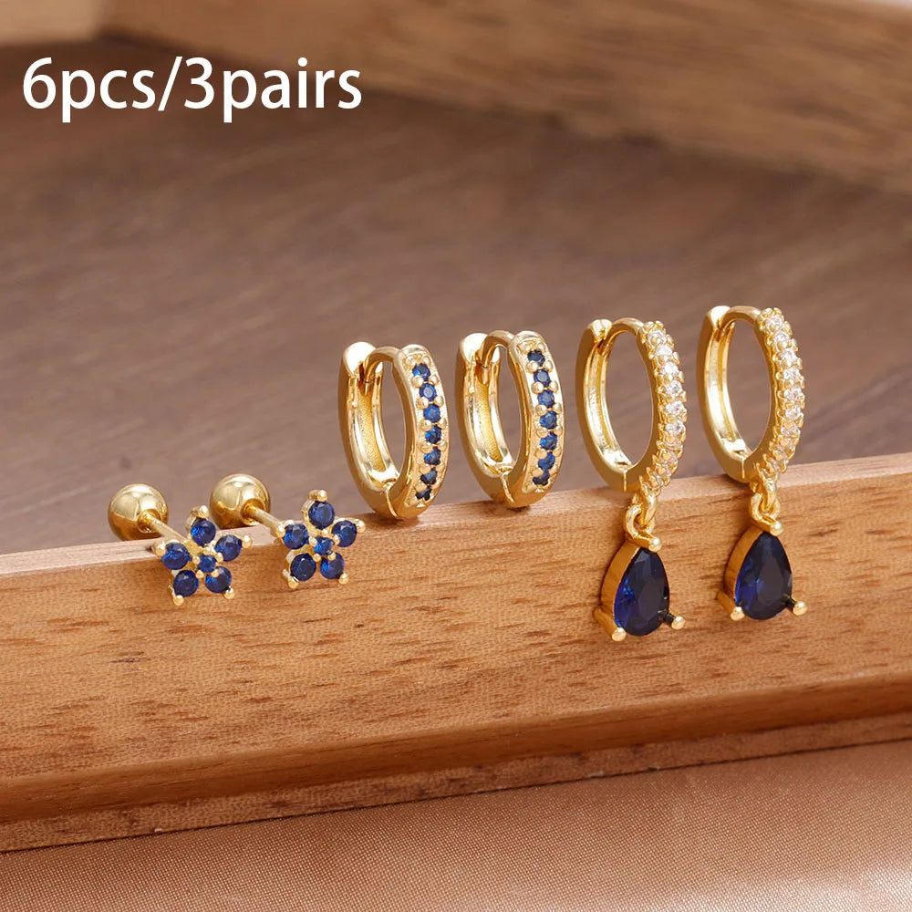 6PCS Cubic Zirconia Stainless Steel 14K Gold Plated Water Drop Earrings Five-Petaled Flowers ear stud For Women Set Jewelry Gift