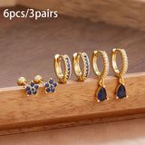 6PCS Cubic Zirconia Stainless Steel 14K Gold Plated Water Drop Earrings Five-Petaled Flowers ear stud For Women Set Jewelry Gift