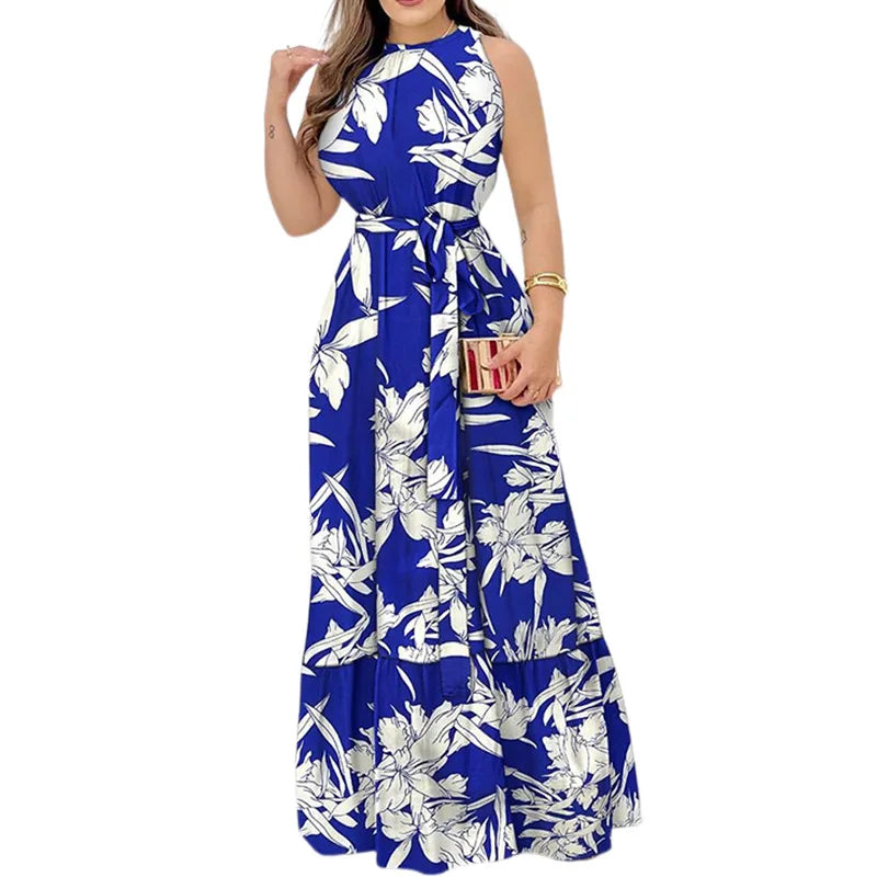Vestido de verano para mujer, nuevo, sexy, sin mangas, con cuello colgante y cordones en la cintura, falda a la moda con estampado de hojas de loto, largo hasta el suelo.