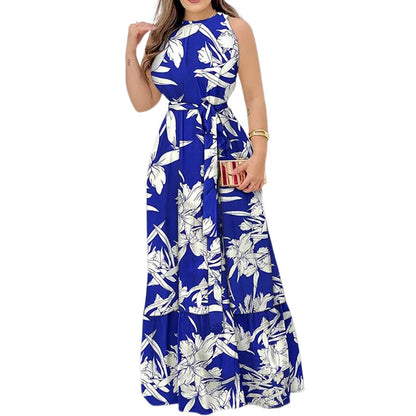 Vestido de verano para mujer, nuevo, sexy, sin mangas, con cuello colgante y cordones en la cintura, falda a la moda con estampado de hojas de loto, largo hasta el suelo.