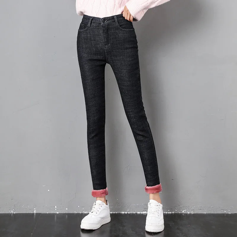 2023 Mujeres Jeans Térmicos Invierno Nieve Cálido Felpa Elástico Jeans Señora Skinny Espesar Polar Denim Pantalones Largos Retro Lápiz Pantalones