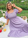 Plus Size Women's Pure Color Wrap Ruffle Hem Midi Dress Square Neck Backless Short Sleeve Dress Elegant temperament