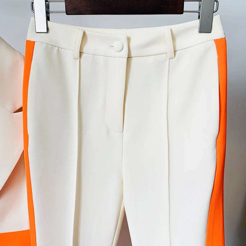 HIGH QUALITY Newest 2025 Star Style Fashion Designer Runway Suit Set Women's Single Button Color Block Blazer Flare Pants Suit
