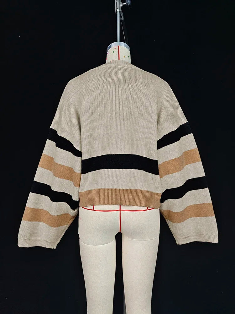 Beautyblue 2 Piece Sets Women Outfit Pant Sets 2025 New Round-Neck Pullovers Khaki Sweater Striped Wide Leg Pants Tops&Bottoms