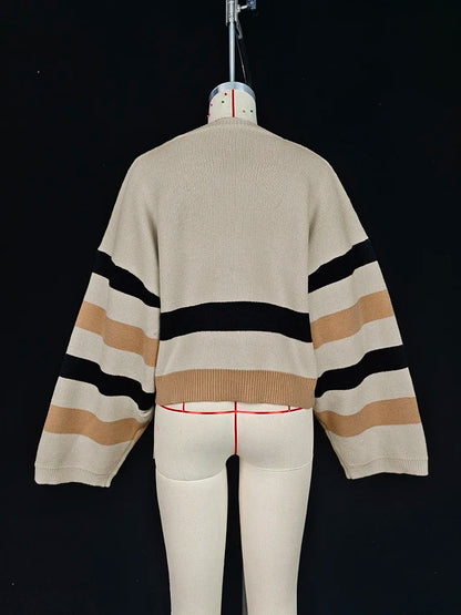 Beautyblue 2 Piece Sets Women Outfit Pant Sets 2025 New Round-Neck Pullovers Khaki Sweater Striped Wide Leg Pants Tops&Bottoms