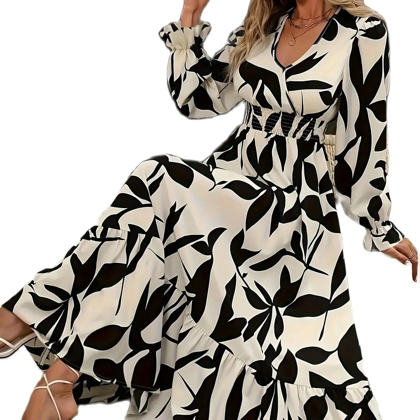 Plus size autumn elegant printed waist swing dress trumpet sleeve waist and ankle long dress can be worn on various occasions