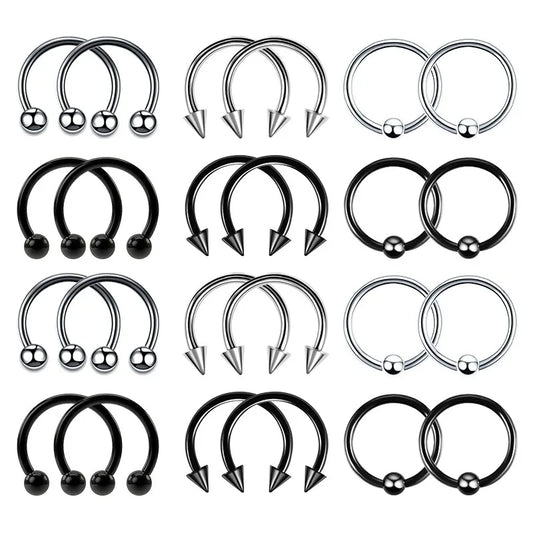 24PCS 16G Stainless Steel Multipurpose Piercing Rings - Hypoallergenic Horseshoe Hoops for Nose, Cartilage, and More