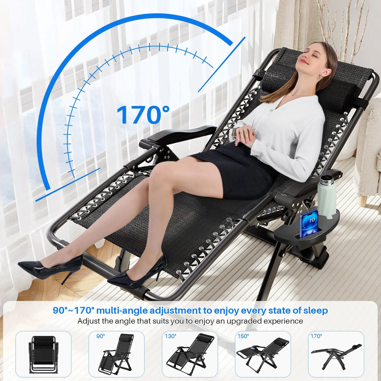 Outdoor Garden Sunloungers Folding Chair with Cup Holder and Headrest Pillow Lounge Chair Folding Patio Recliner Support 150kg