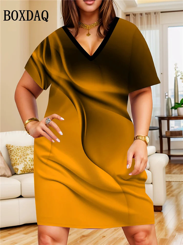 Gradient Dresses Summer Elegant Women'S Clothing Fashion Print Short Sleeves Loose Dress Plus Size Casual V-Neck Party Dress 6XL