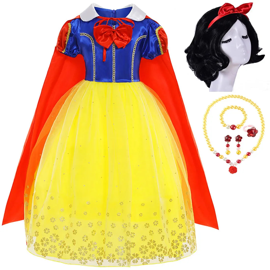 Girl Cosplay Snow White Princess Dress Yellow Luxury Lace Costume With Cloak Holiday Birthday Party Apple Accessories 2-10Y